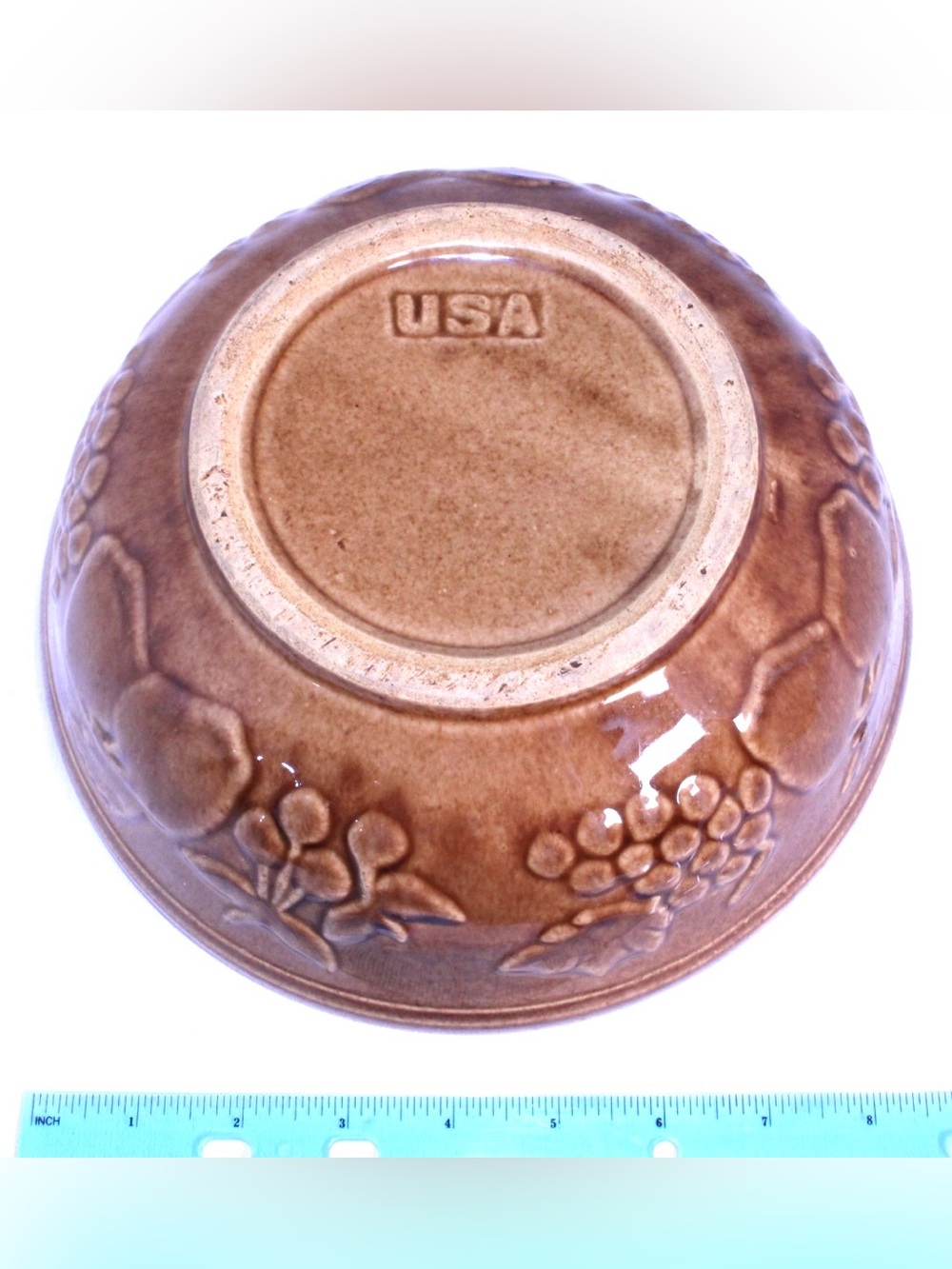 Americana MCM Vintage USA Stoneware Mixing Bowl - embossed fruit, brown stone